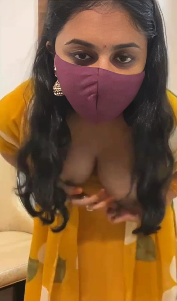 Horny Desi Masked Girl Teasing In Yellow Dress And Pressing Boobs Hard